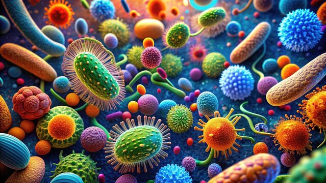 Colorful microscopic image of microbial structures, showcasing intricate details of bacterium cells, membranes, and organelles, highlighting their complex architecture and biological functions.