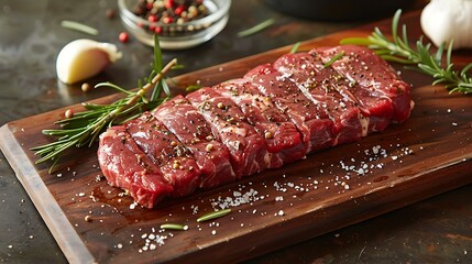 Fototapeta premium A raw hanger steak on a wooden wooden board, with rosemary sprigs, crushed garlic, and black peppercorns scattered around, soft diffused light from the side, vibrant colors, rustic kitchen setting.