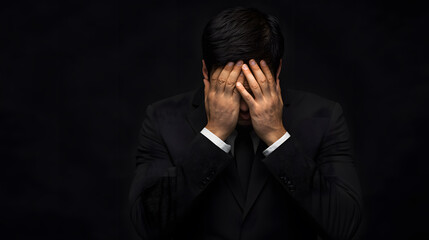 Portrait of overstressed business man covering face with his hands isolated. Emotion of stress or despair