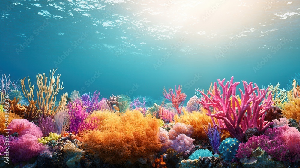 Wall mural Underwater Coral Reef Scene with Sunbeams.