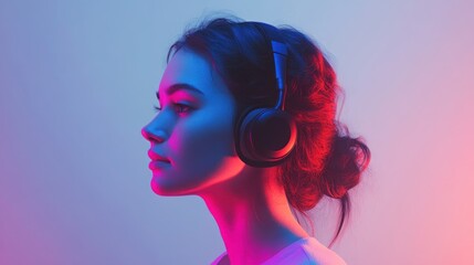 Fototapeta premium Woman Listening to Music with Headphones in Neon Light