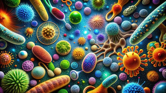 Colorful microscopic image of various microbes, including bacteria, protozoa, and yeast, under high magnification, showcasing intricate details and morphology of microorganisms.