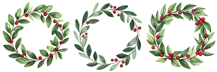 Naklejka premium A Christmas wreath holiday decor watercolor painting bright green and red isolated on white and transparent background