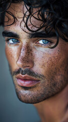 Fototapeta premium Close-up shot of a Spanish male fashion model with blue eyes and curly hair