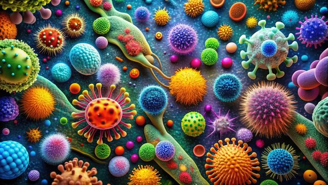 Colorful microscopic image of various pathogens including bacteria, viruses, and fungi, magnified to reveal intricate details and structures of these tiny microorganisms.
