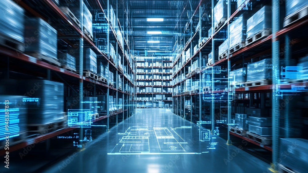 Poster photograph showcasing a modern iot integrated smart warehouse with advanced automated inventory mana