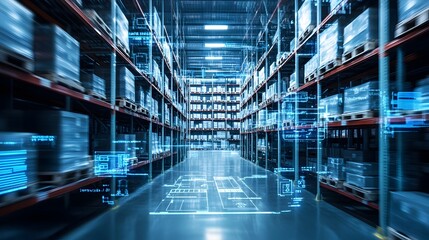 Photograph showcasing a modern IoT integrated smart warehouse with advanced automated inventory management capabilities featuring data driven optimization real time monitoring
