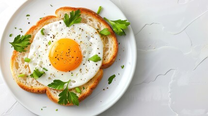 Top view of a delicious sunny-side-up egg on toasted bread with fresh parsley on a white plate, perfect for a breakfast menu or recipe blog.