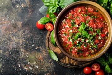 Cold Gazpacho soup.Traditional Spanish soup.Gazpacho.A bowl of gazpacho garnished with fresh basil and parsley, styled on a rustic wooden board with ample copy space