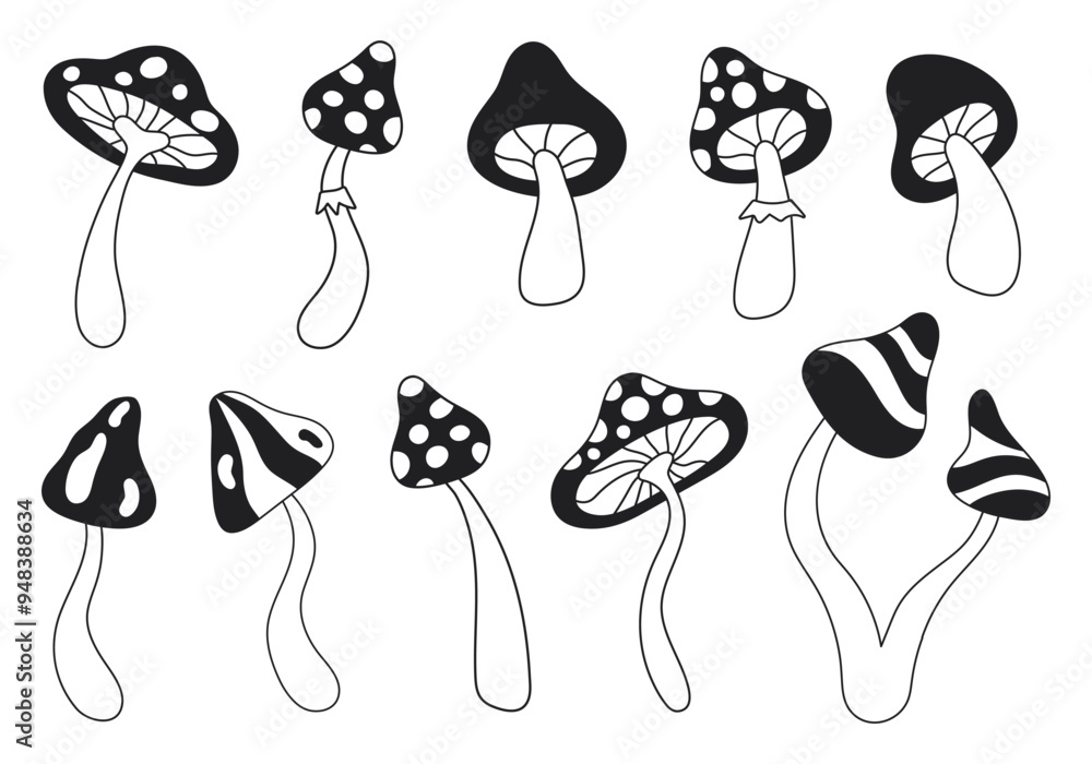Poster retro set groovy linear mushrooms isolated on white background. trendy hippie vector illustration in