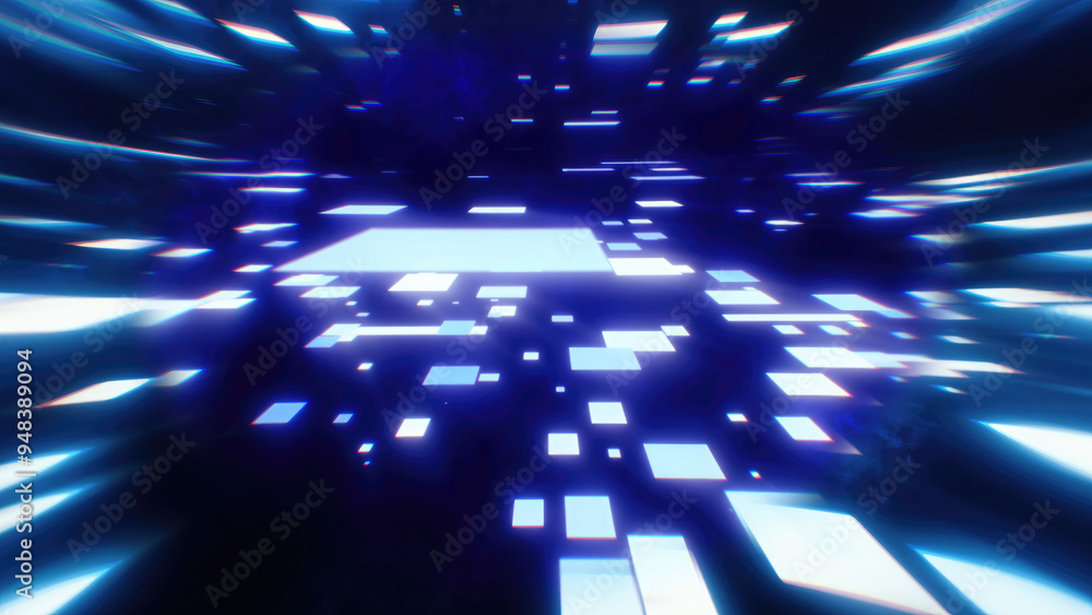 Poster a dynamic abstract glowing blue squares moving through a dark space for conveying technology speed o