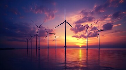 Obraz premium A tranquil scene of wind turbines rotating slowly in the evening breeze, with a stunning sunset in the background.