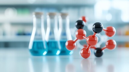 A close-up view of a molecular model next to laboratory flasks filled with blue liquid, showcasing science and research themes.