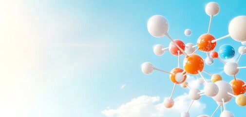 Colorful molecular structure against a bright blue sky, depicting science and innovation in a vibrant background.