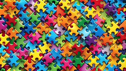 Colorful puzzle pieces seamlessly interconnected, forming a continuous pattern of vibrant shapes and structures, symbolizing unity, harmony, and infinite possibilities.