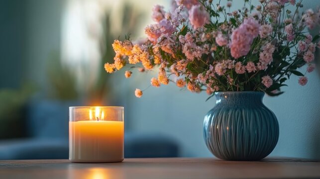 home decor trends, the serene ambiance is set with a softly glowing candle next to a vase of fresh flowers, perfect for a relaxing and sophisticated atmosphere