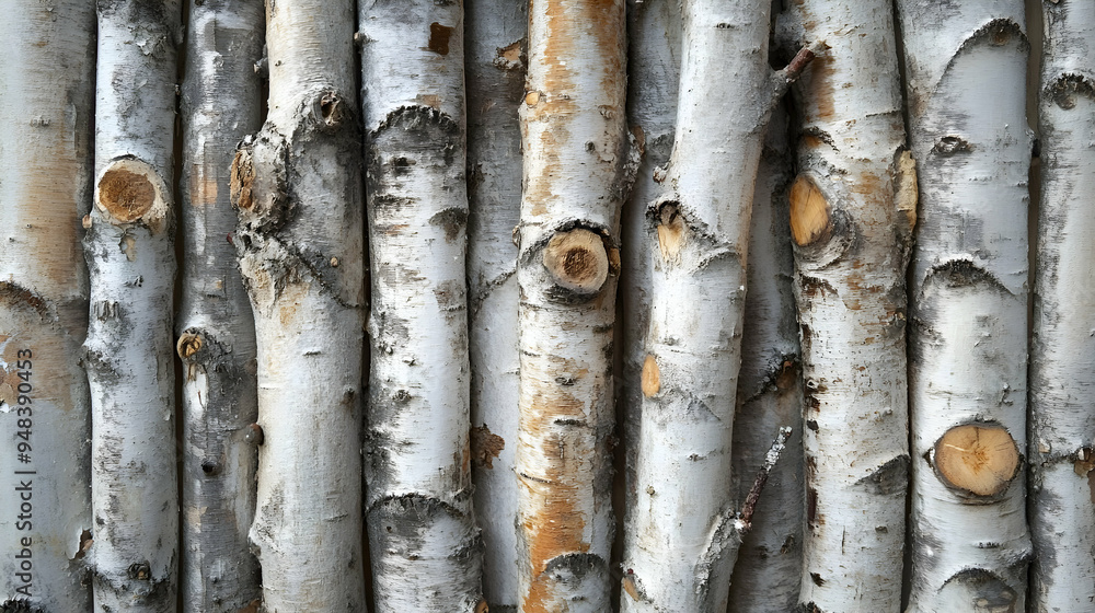 Poster close-up of birch tree bark with a white and gray pattern.