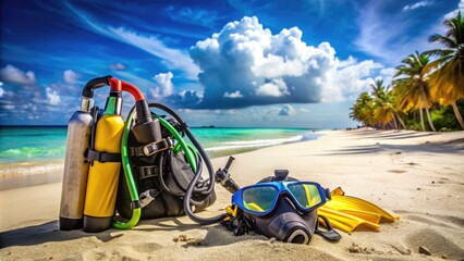 Colorful scuba gear including a tank, regulator, BCD, fins, snorkel, and mask scattered on a sandy beach, ready for a tropical underwater adventure.