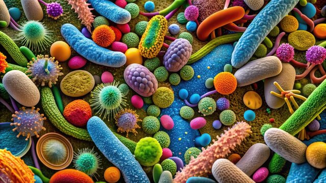 Colorful scanning electron micrograph of various microbial cells, including bacteria, archaea, and protists, showcasing their unique shapes, structures, and textures in vivid detail.