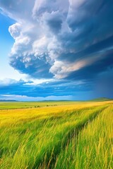 Fototapeta premium Dramatic cloud formation over golden fields at dusk highlighting nature's beauty