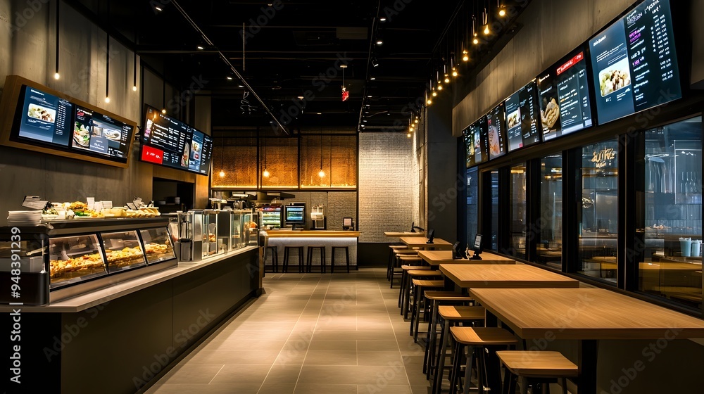 Poster automated self service ordering kiosks and digital menu boards in a contemporary restaurant design w