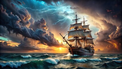 Obraz premium A majestic pirate ship braving a stormy ocean under a fantasy sky backdrop