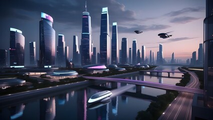 Futuristic Cityscape at Dusk with Neon Reflections