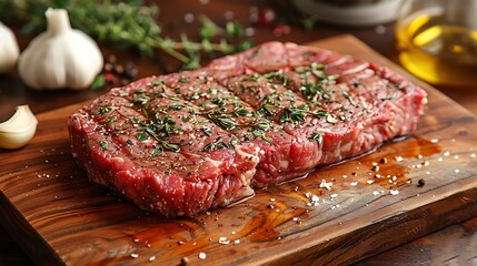 Obraz premium A raw porterhouse steak on a wooden wooden board, with a mix of fresh herbs, garlic bulbs, and olive oil drizzles scattered around, soft diffused light from the side, vibrant colors,