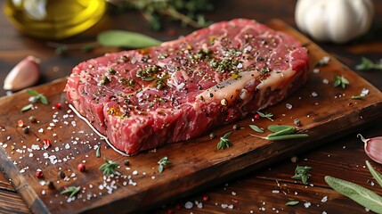 Obraz premium A raw porterhouse steak on a wooden wooden board, with a mix of fresh herbs, garlic bulbs, and olive oil drizzles scattered around, soft diffused light from the side, vibrant colors,