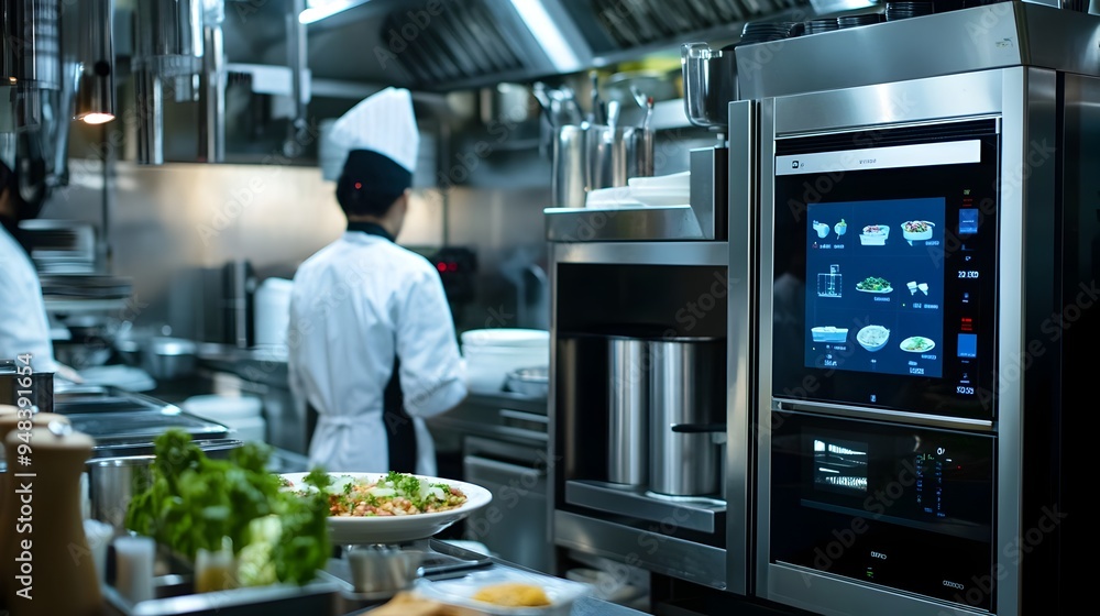Poster a modern restaurant kitchen equipped with innovative iot devices and sensors for real time monitorin