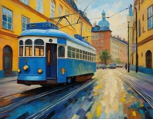 Obraz premium Blue tram transport old public transportation oil painting electric cable rail travel Europe Sweden Stockholm inspired ai generated art