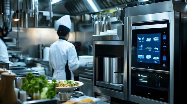 A modern restaurant kitchen equipped with innovative IoT devices and sensors for real time monitoring and optimization of food processes ensuring control and seamless workflow