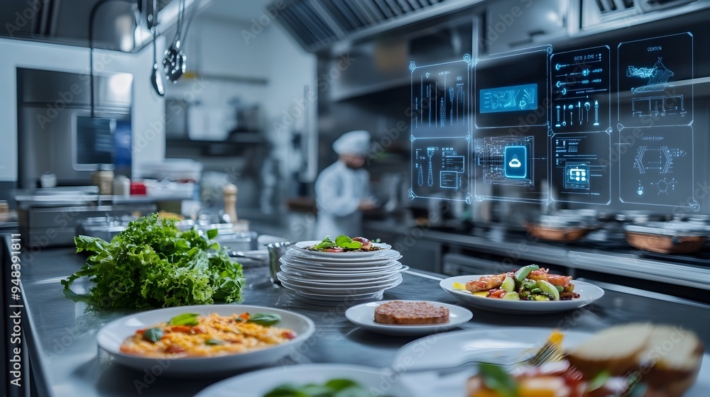 Poster a photograph showcasing a technologically advanced restaurant kitchen equipped with iot internet of 