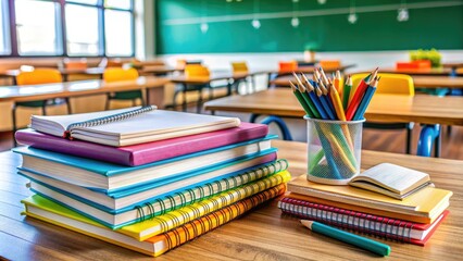 Colorful textbooks, pens, and a notebook scattered on a wooden desk, surrounded by a blur of a classroom, emphasizing the learning process and academic environment.