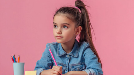 Adorable girl with a ponytail, focused on homework at a desk, wearing a denim shirt,