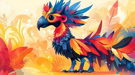 Obraz premium Vibrant and Surreal Fantastical Animal Hybrid with Colorful Feathers and Beak on Bright Background