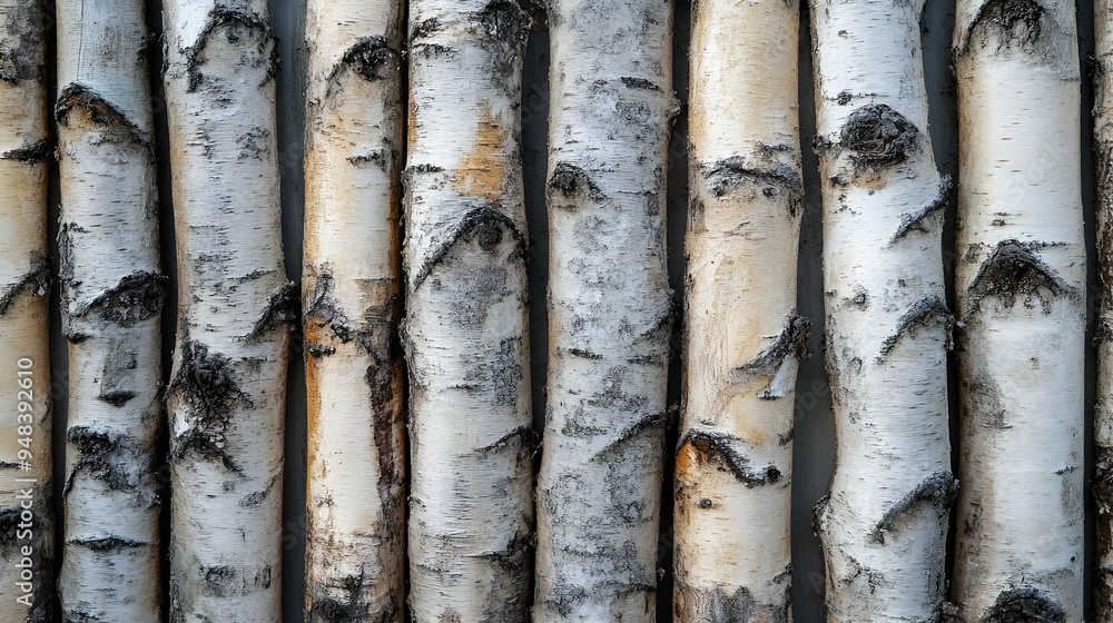 Aufkleber close-up of multiple white birch tree trunks with rough texture, arranged in a row.