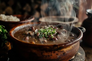 Brazilian cuisine.Traditional Brazilian stew.Feijoada.A steaming bowl of feijoada being served in a traditional Brazilian kitchen, with ample copy space.