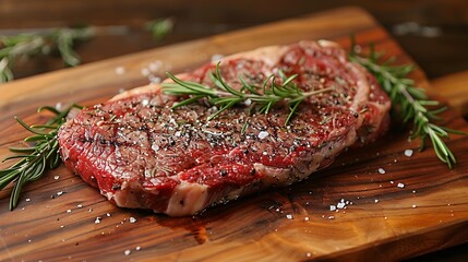 A raw ribeye steak on a wooden wooden board, garnished with fresh rosemary, thyme sprigs, and sea salt, warm golden hour light casting soft shadows, rich, warm tones,