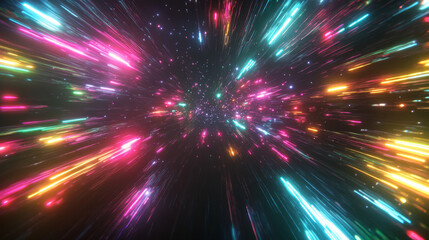 Obraz premium Abstract multicolor spectrum tunnel with bright neon rays and colorful glowing lines speeding through a dark space. 3D render. 