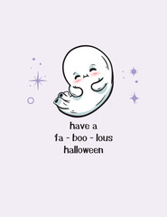 Have a faboolous halloween. Creative Halloween party invitation, flyer, poster, book cover, card template with witch cute ghost. Vector hand drawn illustration.