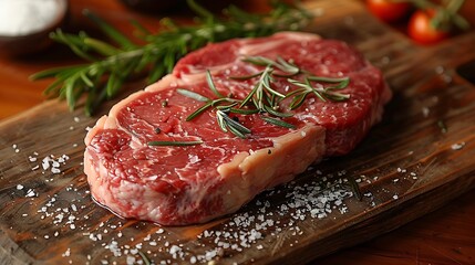 A raw ribeye steak placed on a rustic wooden wooden board, surrounded by fresh rosemary, thyme sprigs, and coarse sea salt, soft natural light creating gentle shadows,