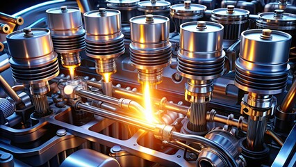 Complex arrangement of mechanical components, pistons, cylinders, and spark plugs illuminated by bright light, showcasing the inner workings of a sleek modern engine interior.