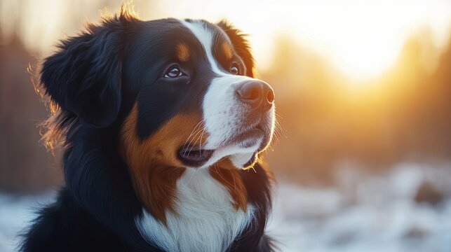 dog breed photography, stunning close-up of a bernese mountain dogs sunlit fluffy coat, capturing the elegance and charm of this cherished breed, ideal for dog lovers