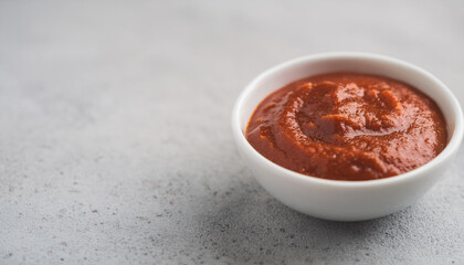 Bowl of romesco sauce or paste on cement background. Food and spice concept.
