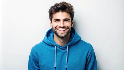 Confident and carefree, a beaming young man with a warm smile wears a blue hoodie and casual attire, exuding happiness and positivity against a white background.