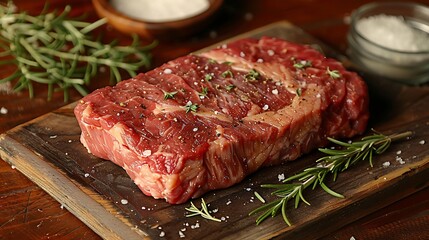A raw ribeye steak with intricate marbling, placed on a weathered wooden board, surrounded by rosemary, thyme, and sea salt, natural light enhancing the textures and colors,