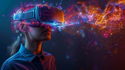 A young woman experiences virtual reality with vibrant colors and abstract effects in a dark environment during a tech demonstration