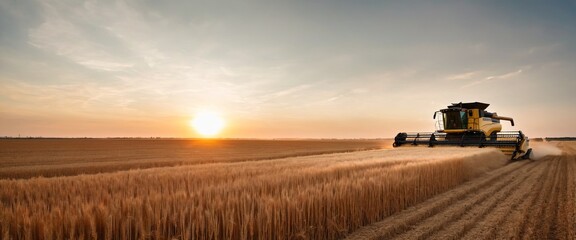 Fototapeta premium Combine harvester harvests wheat in field.