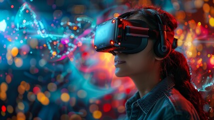 A woman experiences virtual reality while wearing a headset, illuminated by colorful lights in an abstract urban setting at night